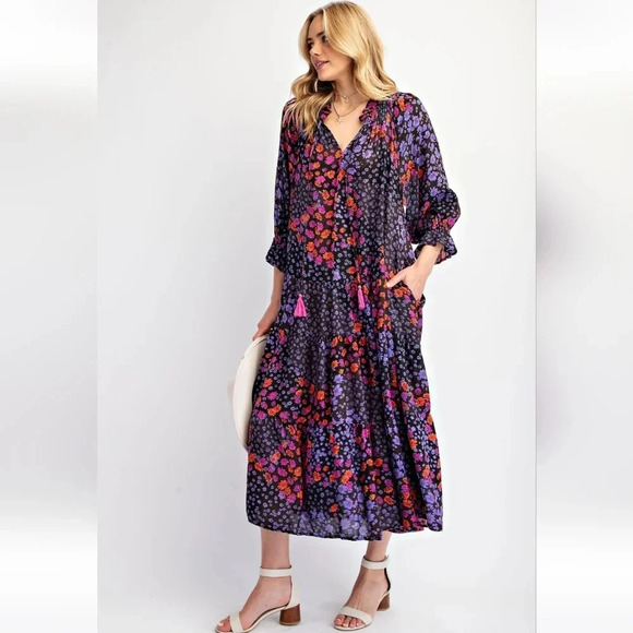 New Easel Floral Patchwork Print Rayon Gauze Long Sleeve Dress - Picture 3 of 5